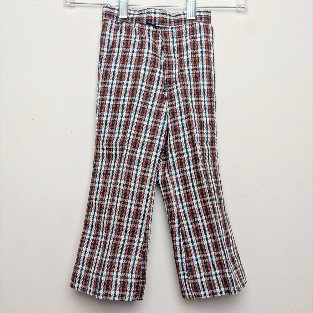 Vintage 70s Sears Kids Flare Pants Bell Bottoms Check Plaid Green Toddler 3T